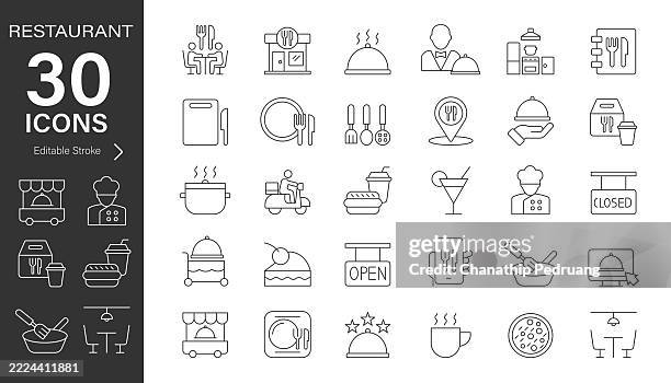 restaurant line vector icon set. pixel perfect. editable stroke. stock illustration. icon symbol, restaurant business, coffee, delivery - school-cafeteria stock illustrations