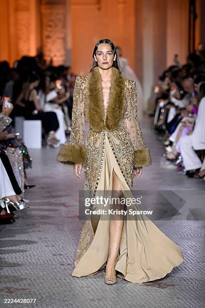 Model walks the runway during the Zuhair Murad Haute Couture Fall/Winter 2025/2026 show as part of Paris Fashion Week on July 09, 2025 in Paris,...