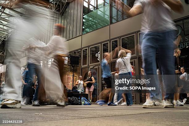 Dancers enjoy the free Latin dance party. Norblin Factory Foundation and Dance Studio Salsa Libre invite Varsovian visitors to a unique series of...