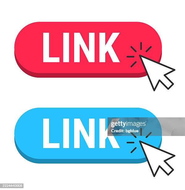 ilustraciones, imágenes clip art, dibujos animados e iconos de stock de enlace - botones rojos y azules con cursor sobre fondo blanco - eslabón