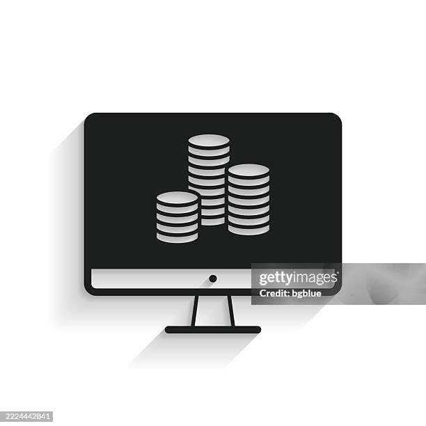 desktop computer with stack of coins. icon with long shadow on white background - coin stack white background stock illustrations