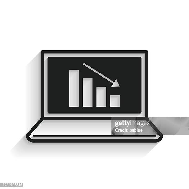 decreasing chart on laptop. icon with long shadow on white background - smash computer stock illustrations