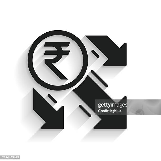 indian rupee decrease. icon with long shadow on white background - falling rupee stock illustrations