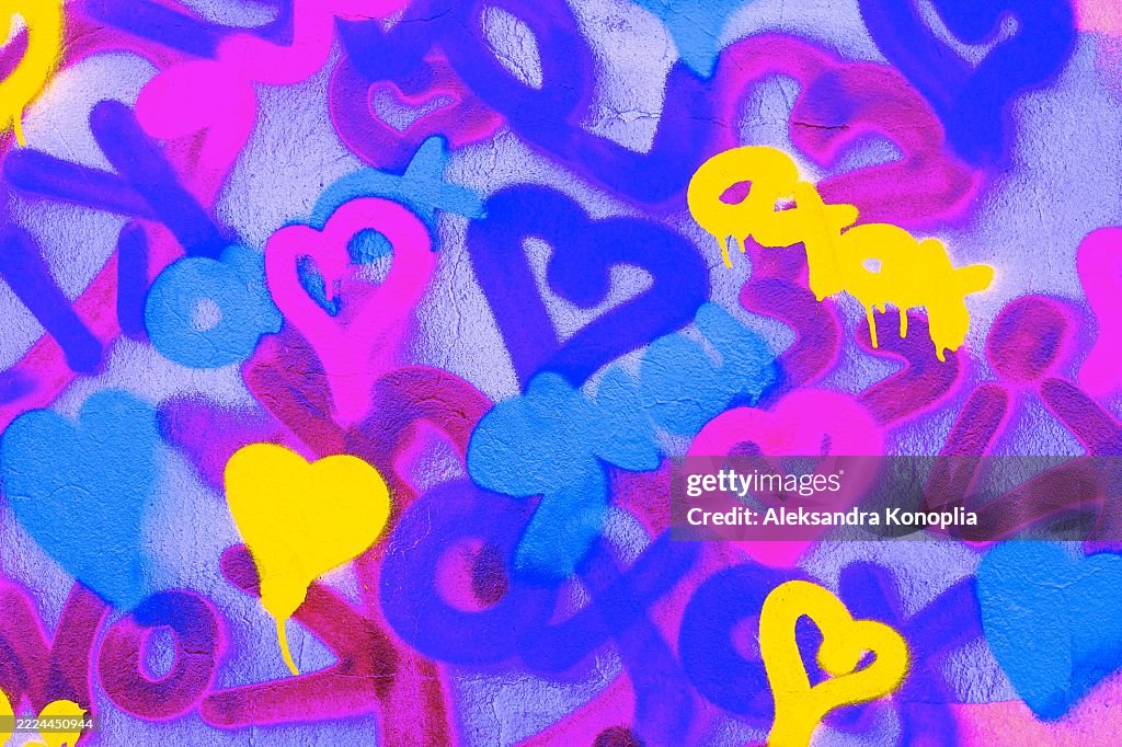 Vibrant Graffiti Heart Pattern in Neon Blue, Pink, Yellow for 90s, Y2K Aesthetic