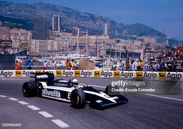Elio de Angelis from Italy driving the lowline Motor Racing Developments Olivetti Brabham BT55 BMW L4T turbo rounds La Rascasse during practice the...