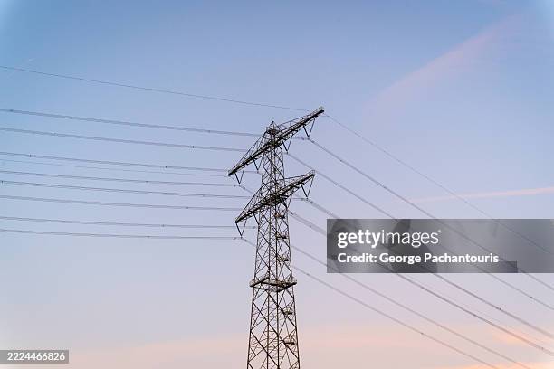 electricity pylon against pastel sky - hochspannungsleitung stock-fotos und bilder