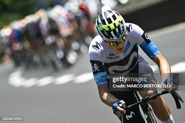 Movistar Team's Spanish rider Pablo Castrillo pursues the breakaway leaders during the 10th stage of the 112th edition of the Tour de France cycling...