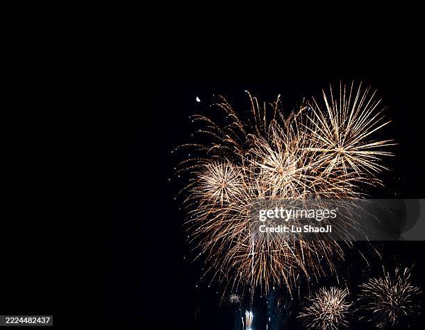 fireworks in the night sky. - red fireworks stock pictures, royalty-free photos & images