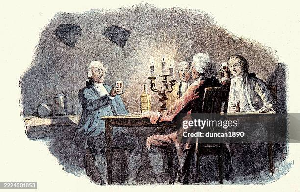 ilustraciones, imágenes clip art, dibujos animados e iconos de stock de thge toast, hombres bebiendo juntos a la luz de las velas, francés, estilo del siglo xviii, ilustración vintage - estilo siglo xviii
