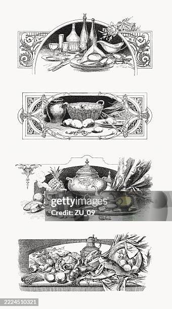 nostalgic cooking vignettes, wood engravings, published in 1897 - bread roll white background stock illustrations