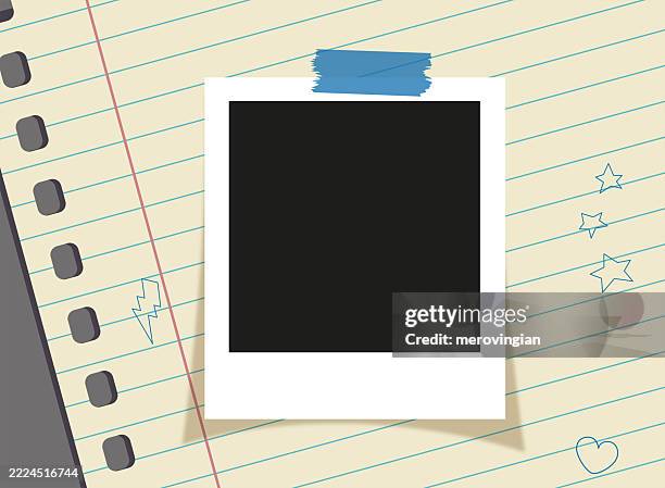 photo frame on lined notebook page - notebook cover stock illustrations