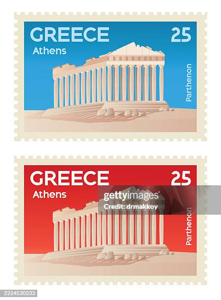athens parthenon postage stamp – ancient greek landmark - athens stock illustrations