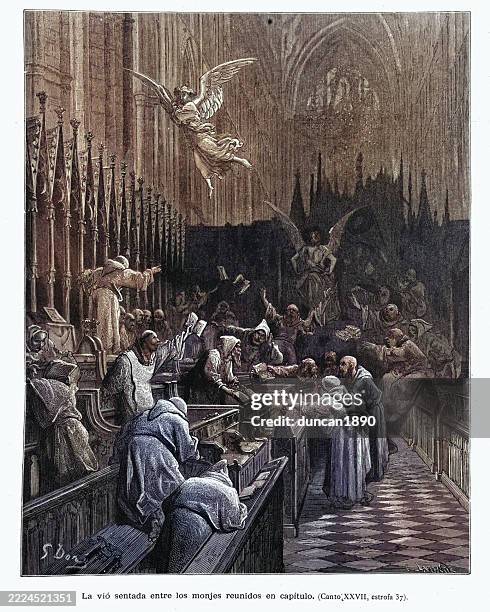 monks arguing in discord while an angel and devil looks on - devil horns drawing stock illustrations
