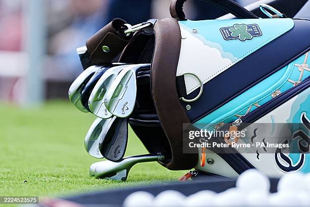 Close up of a Callaway branded golf bag and clubs at Portrush Harbour for the 'An Evening with Callaway' event during the second preview day ahead of...
