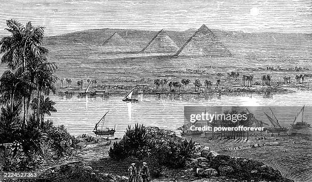 der nil und die pyramiden von gizeh, ägypten - osmanisches reich 19. jahrhundert - pyramiden von gizeh stock-grafiken, -clipart, -cartoons und -symbole