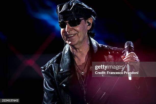 Klaus Meine of Scorpions performs onstage during a concert at Piazza Napoleone on July 10, 2025 in Lucca, Italy.