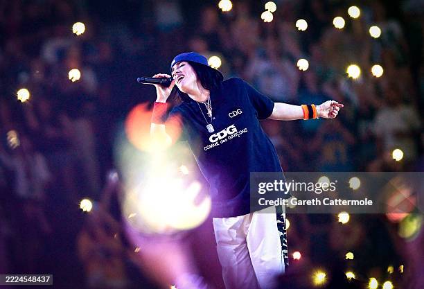 Billie Eilish performs on stage at The O2 Arena on July 10, 2025 in London, England.