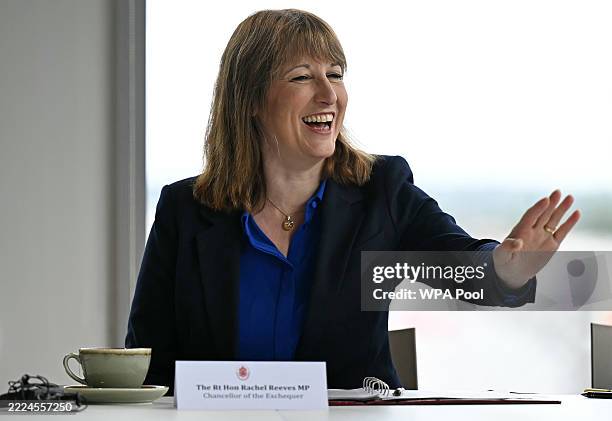 Chancellor of the Exchequer, Rachel Reeves, reacts during roundtable discussion with representatives of the financial services industry, during a...