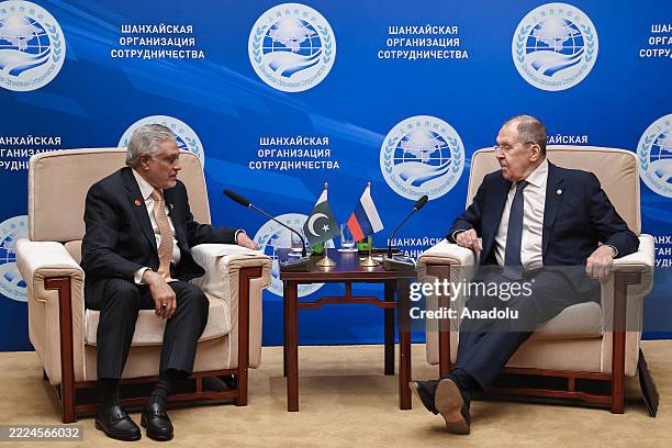 Pakistan's Minister for Foreign Affairs Muhammad Ishaq Dar and Russia's Minister of Foreign Affairs Sergei Lavrov hold a meeting on the sidelines of...