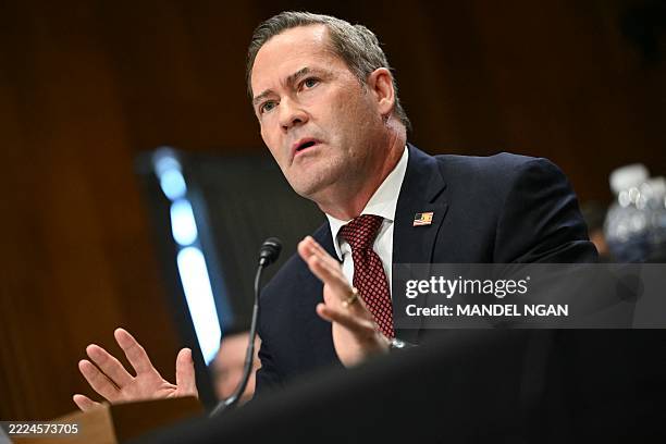 Former US National Security Advisor Mike Waltz testifies during a Senate Foreign Relations Committee hearing on his nomination to be US Ambassador to...