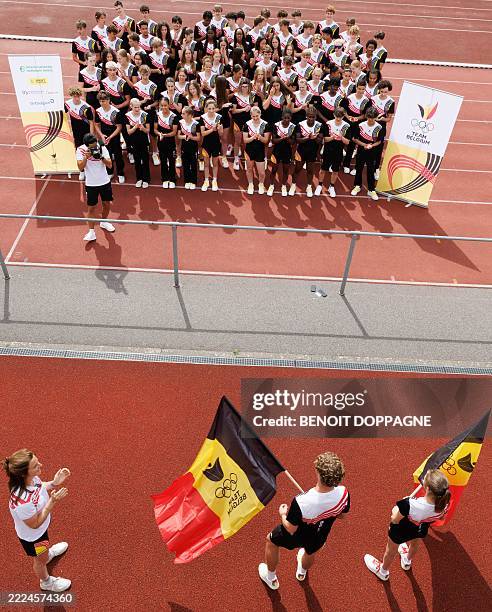 Athletes pose for a family picture at a team building of Team Belgium in preparation of the EYOF2025 European Youth Olympics Festival, Tuesday 15...