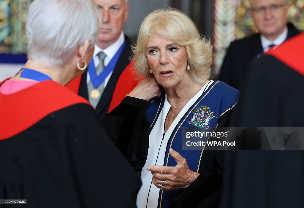 Queen Camilla Is Installed As An Honorary Freeman And Liveryman Of The Worshipful Company Of Stationers And Newspaper Makers
