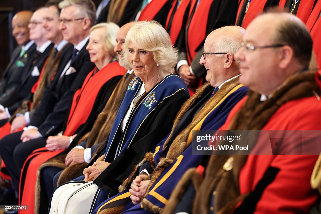 Queen Camilla Is Installed As An Honorary Freeman And Liveryman Of The Worshipful Company Of Stationers And Newspaper Makers