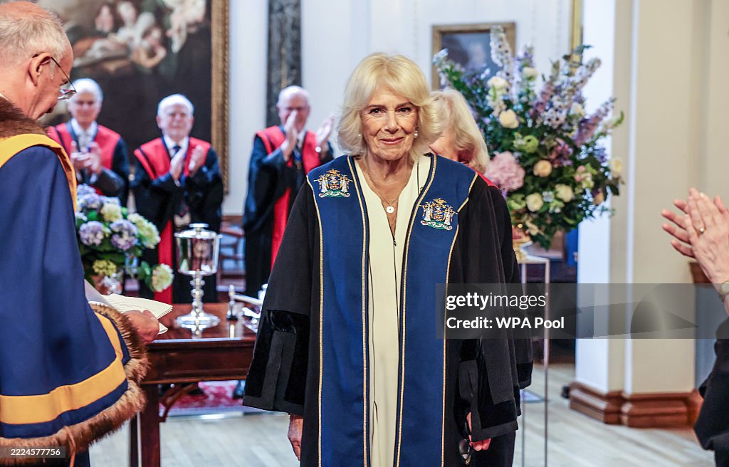 Queen Camilla Is Installed As An Honorary Freeman And Liveryman Of The Worshipful Company Of Stationers And Newspaper Makers