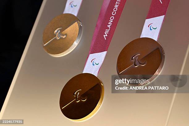 This photograph shows the Milan-Cortina 2026 Winter Olympic and Paralympic Games medals during the unveiling ceremony at Palazzo Balbi in Venice on...