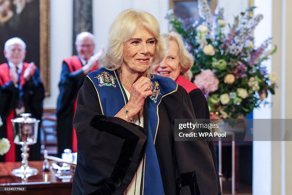 Queen Camilla Is Installed As An Honorary Freeman And Liveryman Of The Worshipful Company Of Stationers And Newspaper Makers