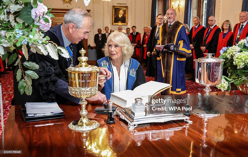 Queen Camilla Is Installed As An Honorary Freeman And Liveryman Of The Worshipful Company Of Stationers And Newspaper Makers