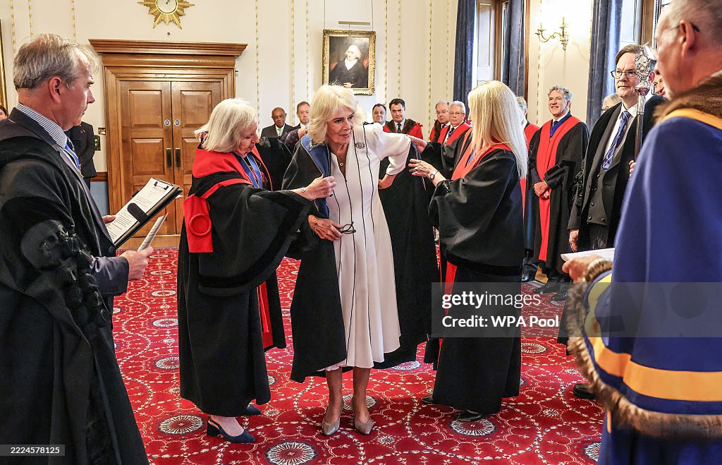 Queen Camilla Is Installed As An Honorary Freeman And Liveryman Of The Worshipful Company Of Stationers And Newspaper Makers