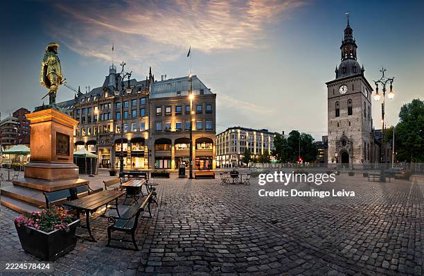evening view of oslo cathedral and christian iv statue, norway - oslo fotografías e imágenes de stock