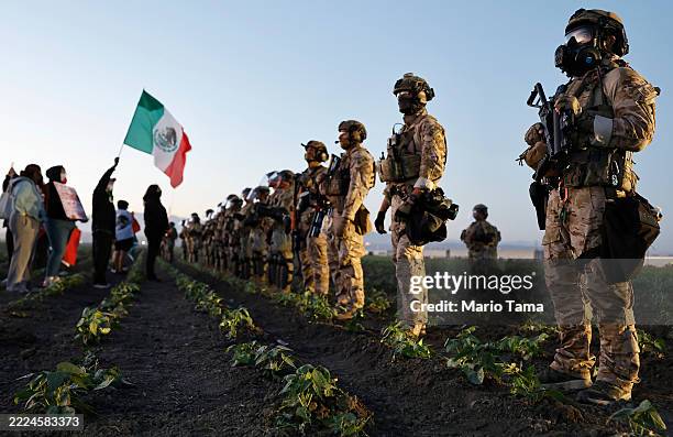 Federal agents block people protesting an ICE immigration raid at a nearby cannabis farm on July 10, 2025 near Camarillo, California. Protestors...