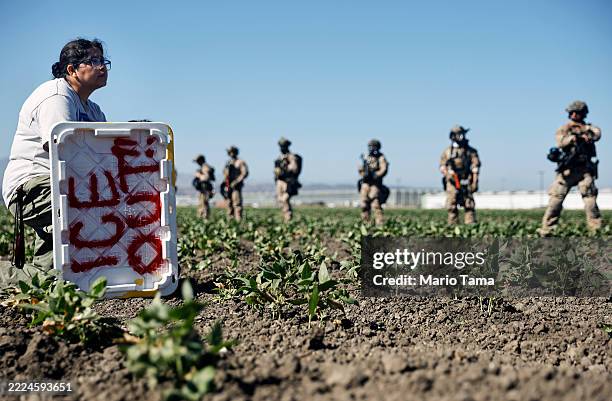 Federal agents block people protesting an ICE immigration raid at a nearby licensed cannabis farm on July 10, 2025 near Camarillo, California....
