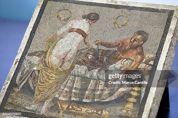 View of the "Lovers" mosaic, which had been stolen by a Nazi during World War II, was recovered by the Carabinieri and returned to the archaeological...