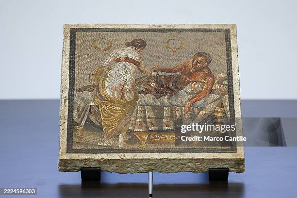 View of the "Lovers" mosaic, which had been stolen by a Nazi during World War II, was recovered by the Carabinieri and returned to the archaeological...
