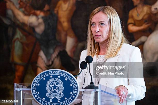 Italy's Prime Minister Giorgia Meloni speaks during a press conference with Austria's Chancellor following their meeting at Palazzo Chigi in Rome,...