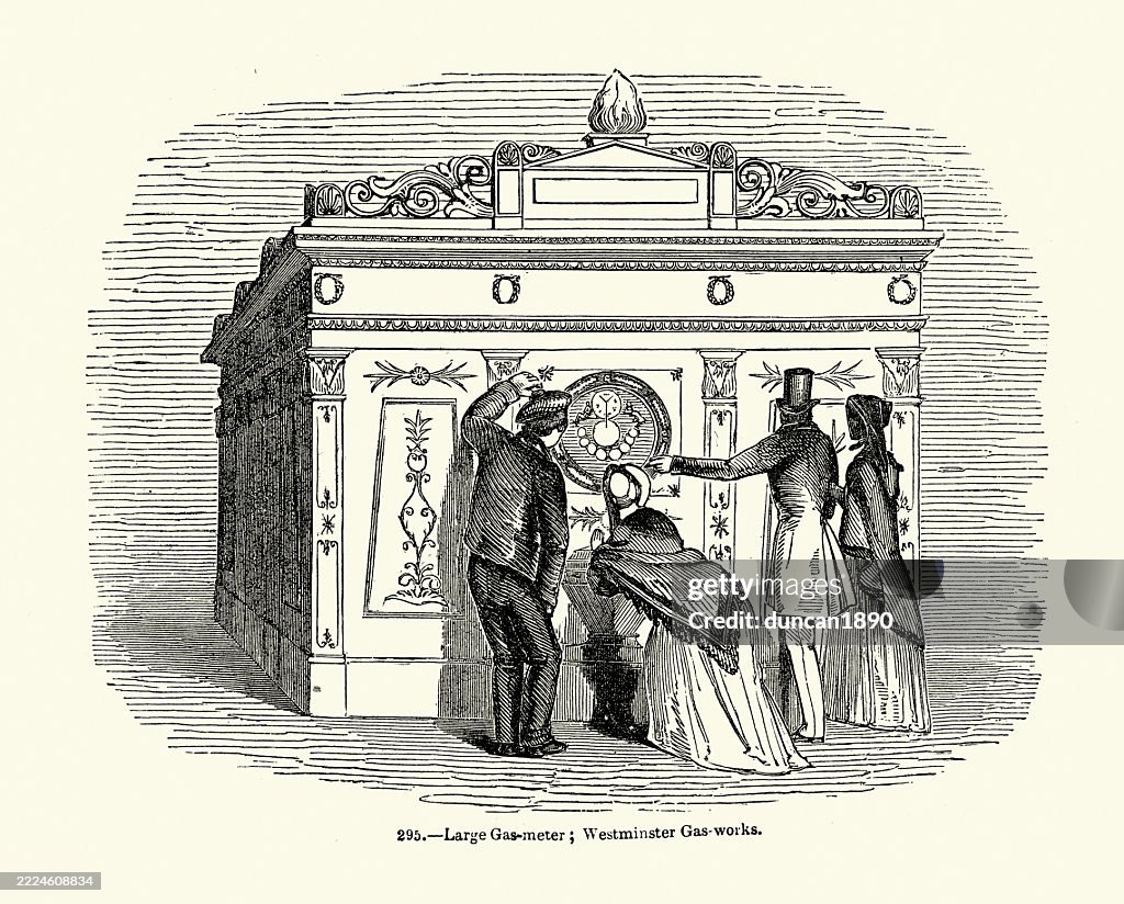 History, Ornate large gas-meter at the Westminster gas-works, Victorian 1850s, 19th Century Vintage illustration