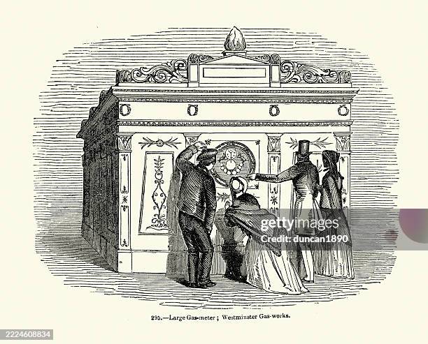 history, ornate large gas-meter at the westminster gas-works, victorian 1850s, 19th century vintage illustration - gasworks park seattle stock illustrations