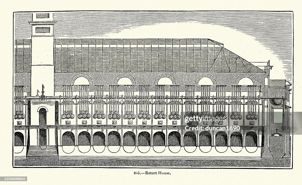 History, Gasworks, Retort house which contained the retorts in which coal was heated to generate the gas, Victorian 1850s, 19th Century Vintage illustration