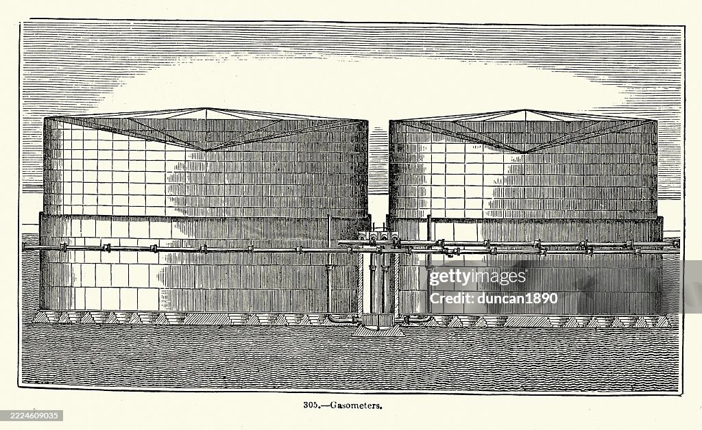 History, Gasworks, A gas holder or gasholder, also known as a gasometer, is a large container in which natural gas or town gas, Victorian 1850s, 19th Century Vintage illustration