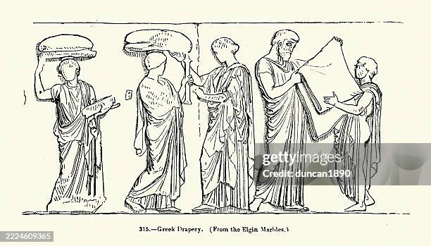ilustrações de stock, clip art, desenhos animados e ícones de history, ancient fashion, classical greek, people in drapery, eglin marbles, vintage illustration - grécia antiga