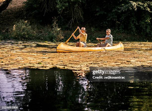 happy couple canoeing together on a paceful river at sunset - recreational boat stock pictures, royalty-free photos & images