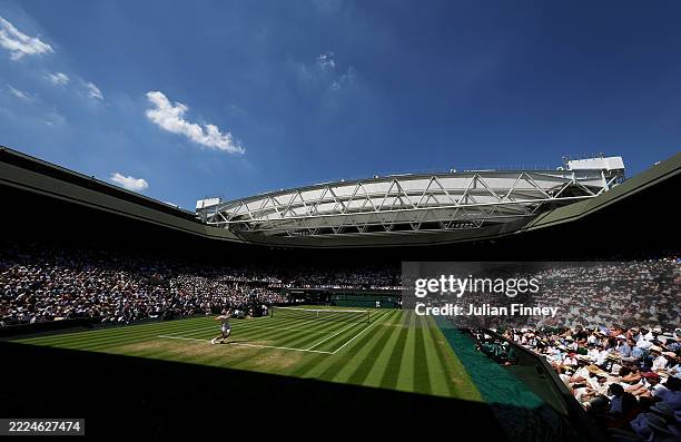 General view over Centre Court as Taylor Fritz of United States serves against Carlos Alcaraz of Spain during the Gentlemen's Singles semi-final...