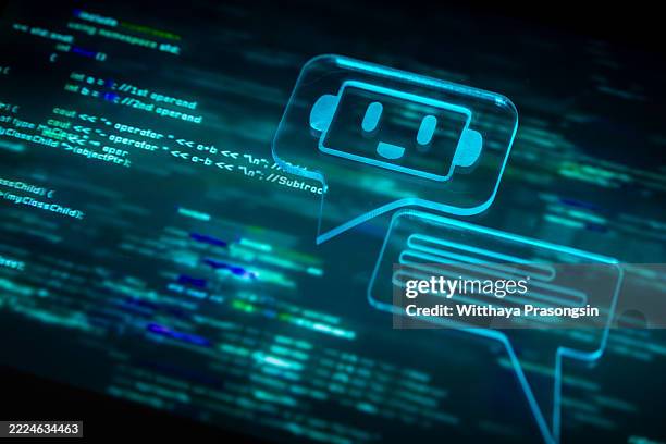 chatbot communicating with programming code in futuristic interface - chatbot stock-fotos und bilder