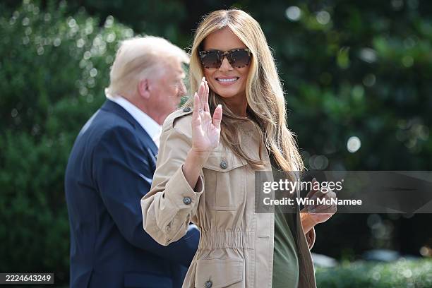First lady Melania Trump departs the White House with U.S. President Donald Trump on July 11, 2025 in Washington, DC. Trump is scheduled to travel to...