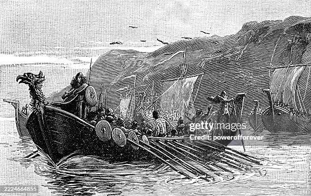 ilustrações, clipart, desenhos animados e ícones de vikings nórdicos na costa do novo mundo - século 10 - barco a remo