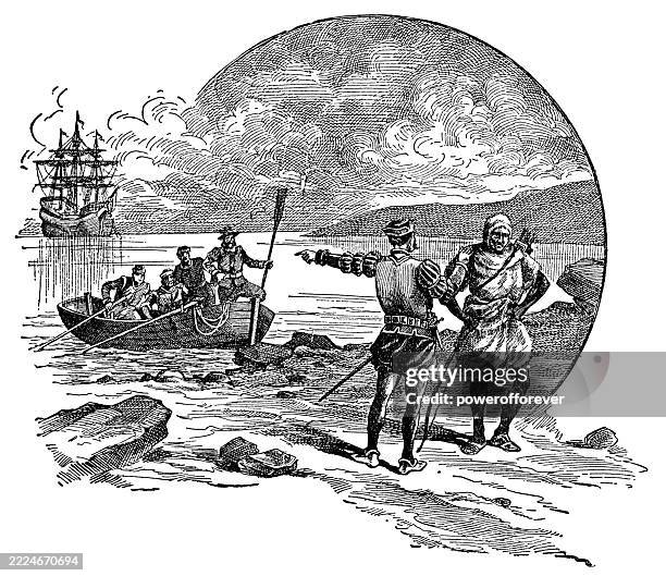 stockillustraties, clipart, cartoons en iconen met jacques cartier kidnaps chief donnacona in quebec, canada - 16th century - noord amerikaans indiaanse etniciteit