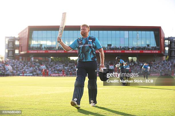 Jonny Bairstow of Yorkshire raises his bat after scoring 116 runs during the Vitality Blast Men between Lancashire Lightning and Yorkshire at...